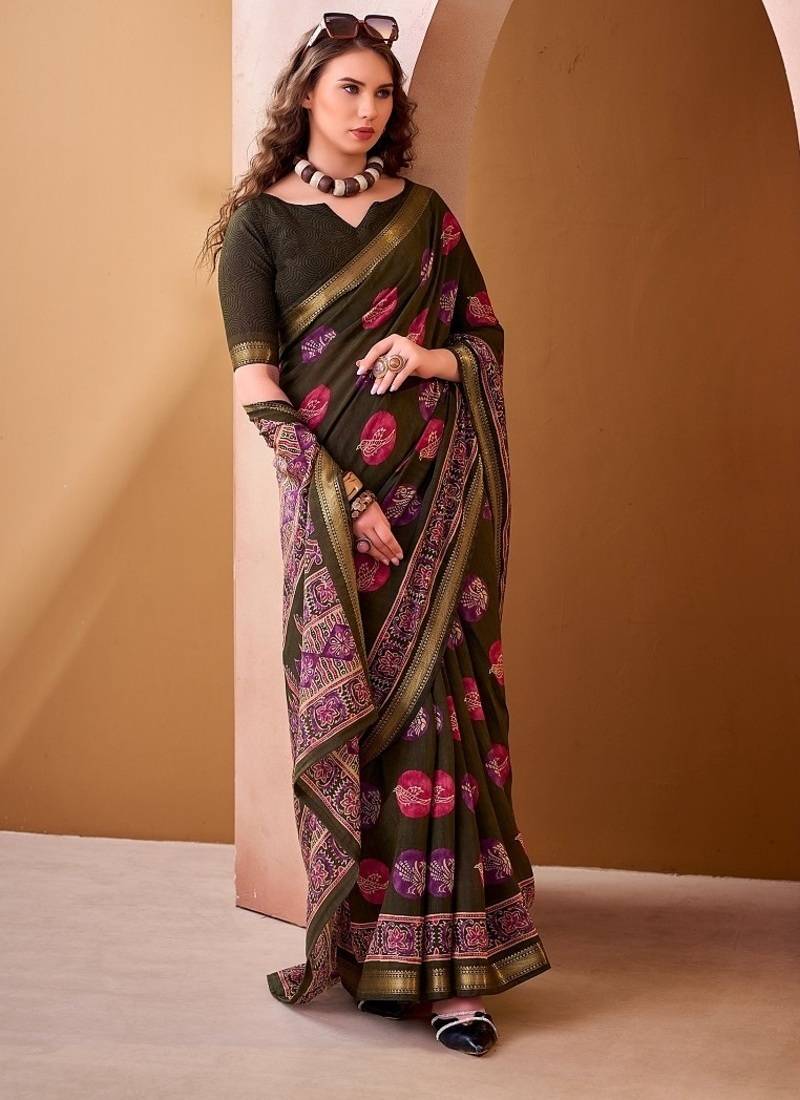 Mehendi p.v chanderi printed casual saree with unstitched blouse