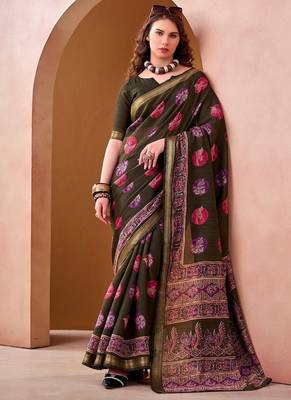 Mehendi p.v chanderi printed casual saree with unstitched blouse 2