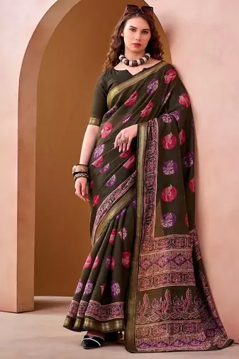 Mehendi p.v chanderi printed casual saree with unstitched blouse