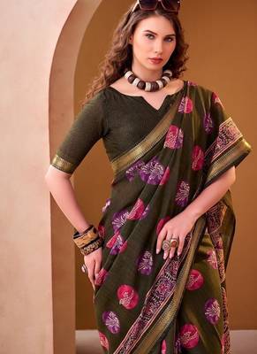 Mehendi p.v chanderi printed casual saree with unstitched blouse 3