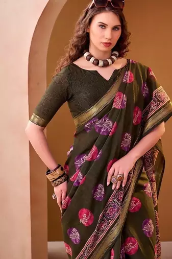 Mehendi p.v chanderi printed casual saree with unstitched blouse