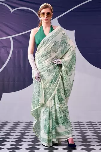 Party wear satin silk floral printed saree with unstitched blouse