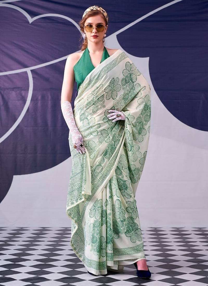 Party wear satin silk floral printed saree with unstitched blouse
