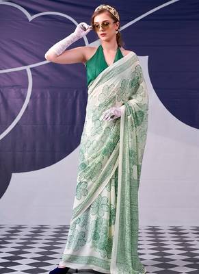 Party wear satin silk floral printed saree with unstitched blouse 2
