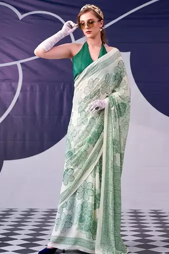 Party wear satin silk floral printed saree with unstitched blouse