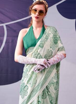 Party wear satin silk floral printed saree with unstitched blouse 3