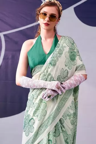 Party wear satin silk floral printed saree with unstitched blouse