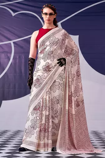 Party wear satin silk floral printed saree with unstitched blouse