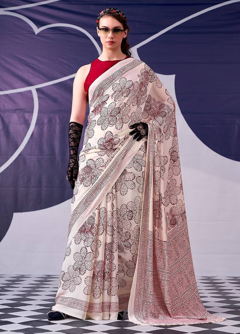 Party wear satin silk floral printed saree with unstitched blouse