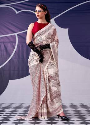 Party wear satin silk floral printed saree with unstitched blouse 2