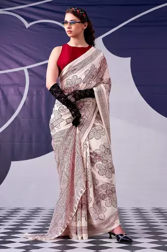 Party wear satin silk floral printed saree with unstitched blouse