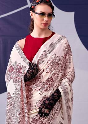 Party wear satin silk floral printed saree with unstitched blouse 3