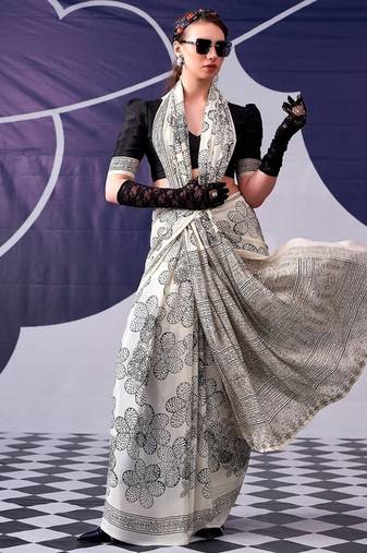 Party wear satin silk floral printed saree with unstitched blouse