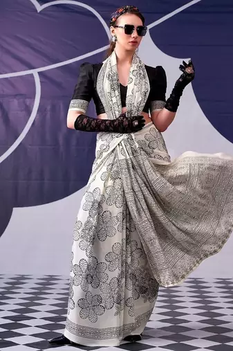 Party wear satin silk floral printed saree with unstitched blouse