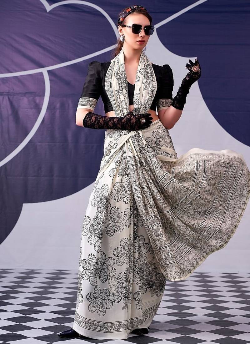 Party wear satin silk floral printed saree with unstitched blouse