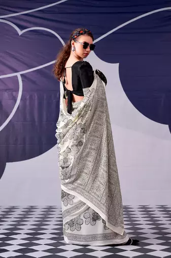 Party wear satin silk floral printed saree with unstitched blouse