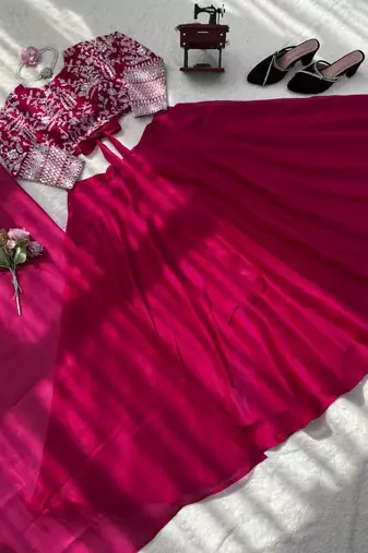 Elegant Rani Pink Embroidered Lehenga Choli with Dupatta for Women