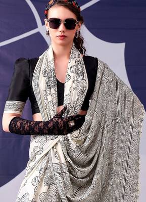 Party wear satin silk floral printed saree with unstitched blouse 3