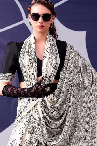 Party wear satin silk floral printed saree with unstitched blouse
