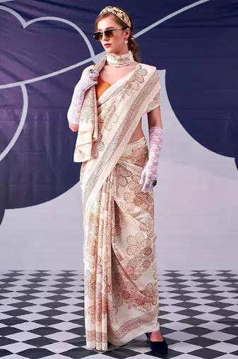 Party wear satin silk floral printed saree with unstitched blouse