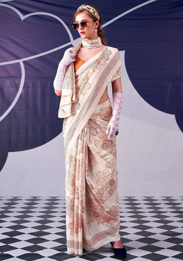 Party wear satin silk floral printed saree with unstitched blouse