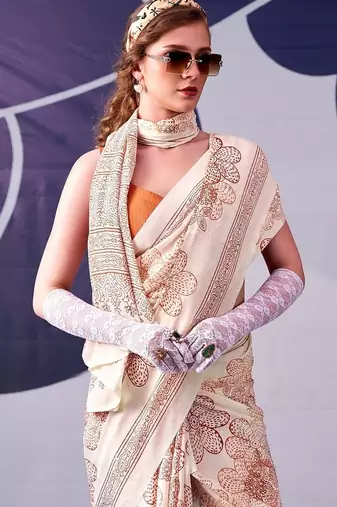Party wear satin silk floral printed saree with unstitched blouse