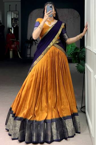 Attractive Mustard Yellow Zari Weaving Silk Haldi Wear Lehenga Choli