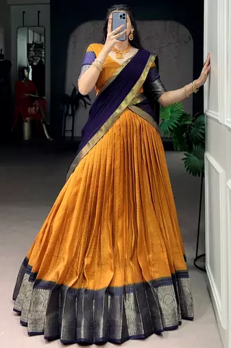 Attractive Mustard Yellow Zari Weaving Silk Haldi Wear Lehenga Choli