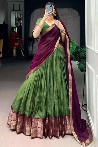 Glorious Mehendi Green Zari Weaving Silk Lehenga Choli With Dupatta