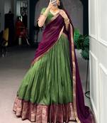 Glorious Mehendi Green Zari Weaving Silk Lehenga Choli With Dupatta