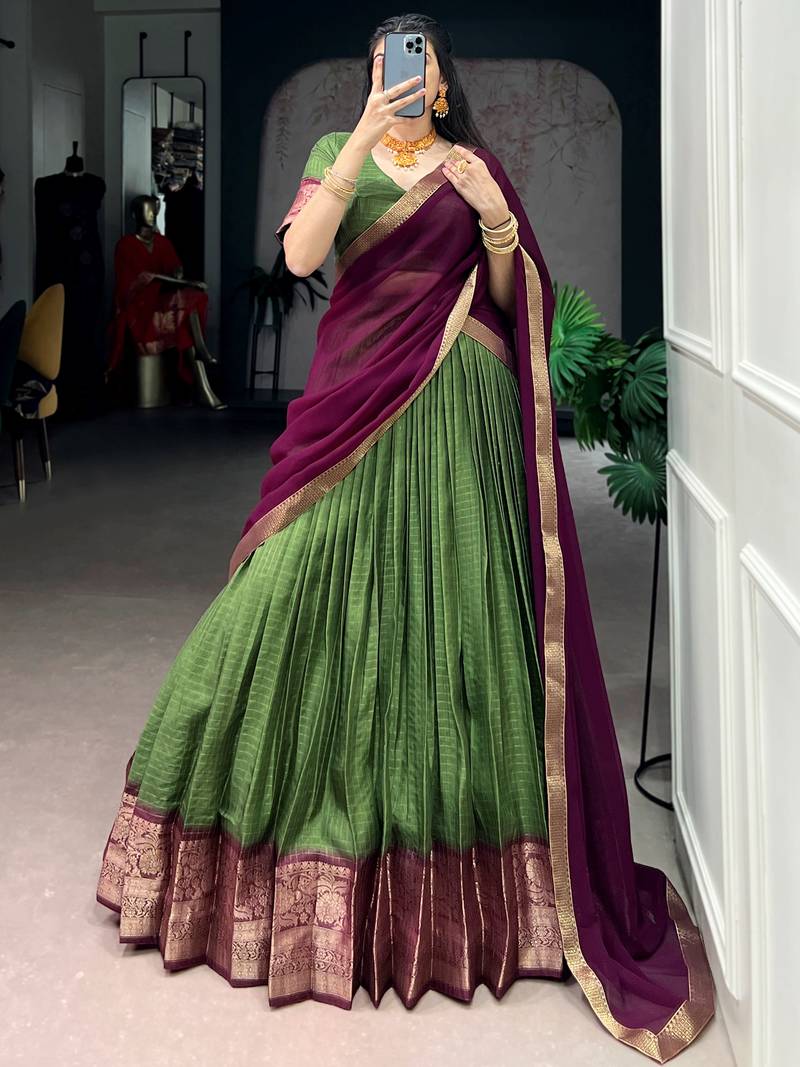 Glorious Mehendi Green Zari Weaving Silk Lehenga Choli With Dupatta