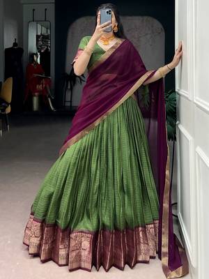 Glorious Mehendi Green Zari Weaving Silk Lehenga Choli With Dupatta 3