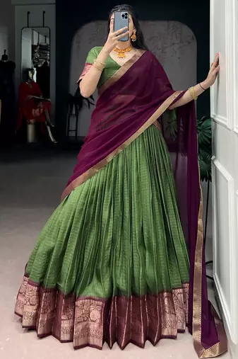 Glorious Mehendi Green Zari Weaving Silk Lehenga Choli With Dupatta