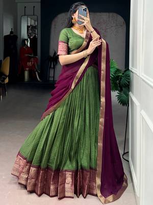 Glorious Mehendi Green Zari Weaving Silk Lehenga Choli With Dupatta 4