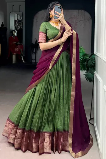 Glorious Mehendi Green Zari Weaving Silk Lehenga Choli With Dupatta