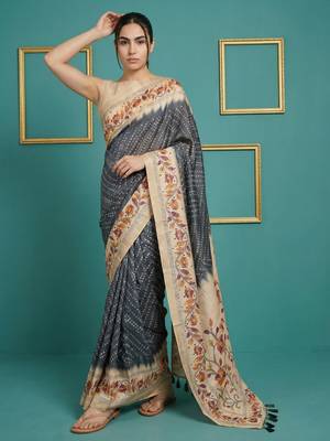 Grey printed silk blend saree with beige floral border & designer pallu | traditional & festive wear saree 1
