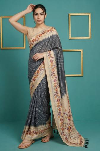 Grey printed silk blend saree with beige floral border & designer pallu | traditional & festive wear saree