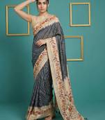Grey printed silk blend saree with beige floral border & designer pallu | traditional & festive wear saree