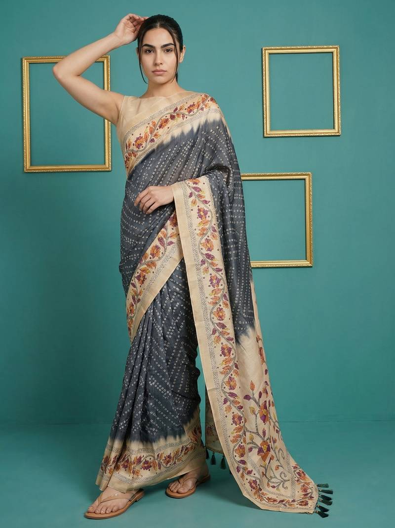 Grey printed silk blend saree with beige floral border & designer pallu | traditional & festive wear saree