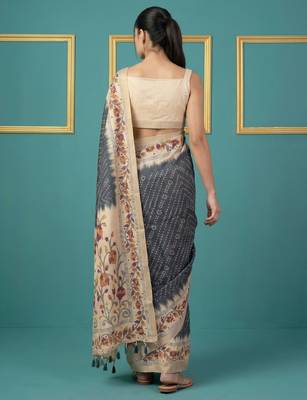 Grey printed silk blend saree with beige floral border & designer pallu | traditional & festive wear saree 2