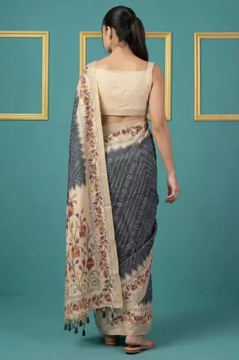 Grey printed silk blend saree with beige floral border & designer pallu | traditional & festive wear saree
