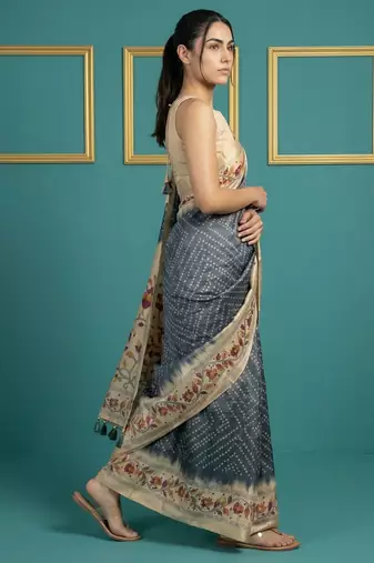 Grey printed silk blend saree with beige floral border & designer pallu | traditional & festive wear saree