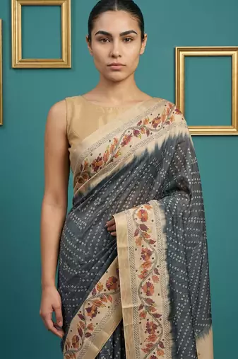 Grey printed silk blend saree with beige floral border & designer pallu | traditional & festive wear saree