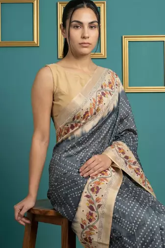 Grey printed silk blend saree with beige floral border & designer pallu | traditional & festive wear saree