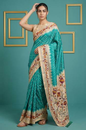 Sea green printed silk blend saree with beige floral border & designer pallu | traditional & festive wear saree