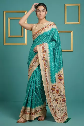 Sea green printed silk blend saree with beige floral border & designer pallu | traditional & festive wear saree