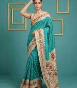 Sea green printed silk blend saree with beige floral border & designer pallu | traditional & festive wear saree