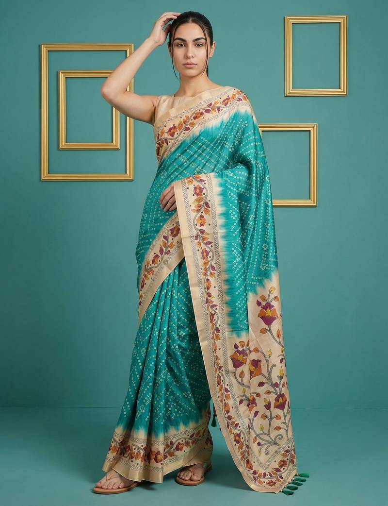 Sea green printed silk blend saree with beige floral border & designer pallu | traditional & festive wear saree