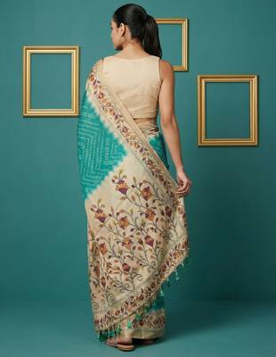 Sea green printed silk blend saree with beige floral border & designer pallu | traditional & festive wear saree 2