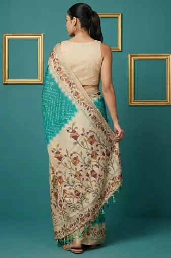 Sea green printed silk blend saree with beige floral border & designer pallu | traditional & festive wear saree